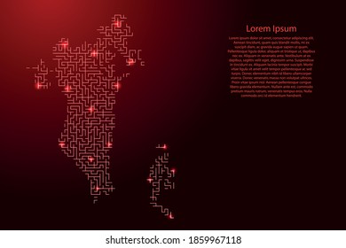 Bahrain map from red pattern of the maze grid and glowing space stars grid. Vector illustration.