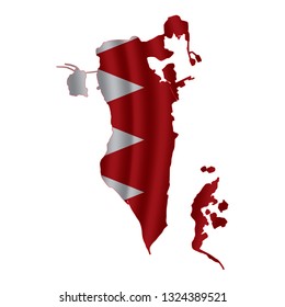 Bahrain map with rippled flag on white illustration. Waving Fabric Flag Map of Bahrain. Map of Asia. Vector White Background. Vector illustration eps10.