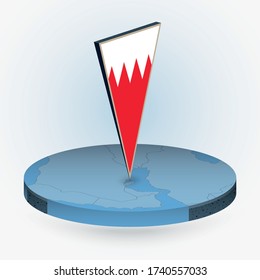 Bahrain map in round isometric style with triangular 3D flag of Bahrain, vector map in blue color. 