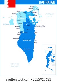 Bahrain Map Vector Blue Spot - Customizable layered political map of Bahrain with administrative divisions for website, education, reports, news, politics, print, poster and wallpaper