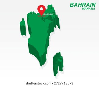 Bahrain Map Vektor, Manama Capital City Marker auf Grün 3D Country Shape, Bahrain Infografik Design, Editierbarer Zielzeiger Bahrain Geografie