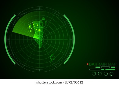 Bahrain Map - World Map International vector template with futuristic circle radar style HUD, GUI, UI interface isolated on dark green background - Vector illustration eps 10