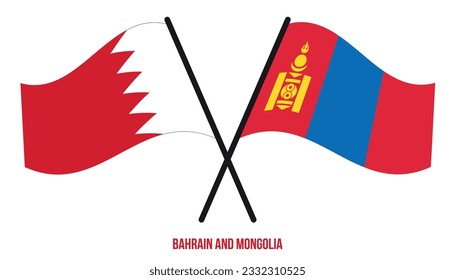 Bahrain and Mongolia Flags Crossed And Waving Flat Style. Official Proportion. Correct Colors.