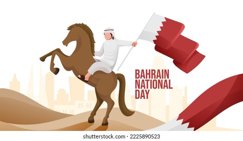 Bahrain National Day Banner With Cartoon Man Holding Flag on Horse Illustration Concept  Concept  