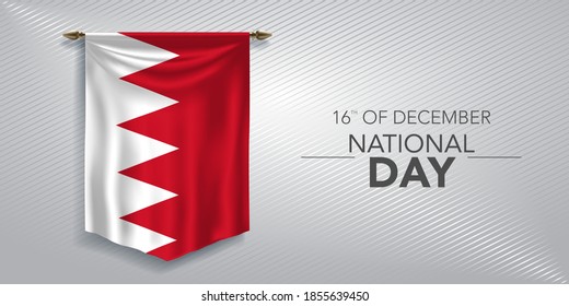 Bahrain national day greeting card, banner, vector illustration. Bahraini day 16th of December background with pennant