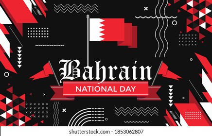 Bahrain national day independence day anniversary banner. Flag of Bahrain with geometric modern abstract retro design. Red white color Bahraini flag theme with black background. 
