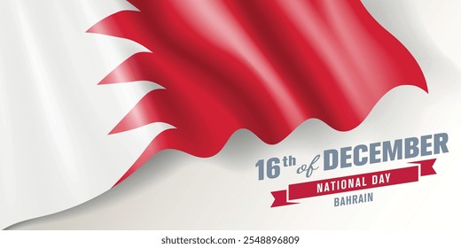 Bahrain national day vector banner, greeting card. Bahraini wavy flag in 16th of December national patriotic holiday horizontal design