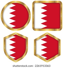 Bahrain National Flag Collection Set of Circular, Square, Shield, Hexagon Gold Border Logo Button Icon Vector Design Isolated on White Background