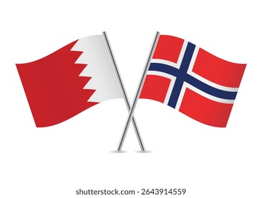 Bahrain and Norway crossed flags. Bahraini and Norwegian flags on a white background. Vector icon set. Vector illustration.