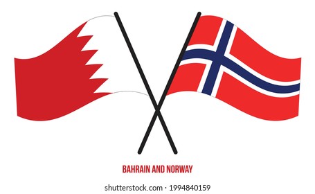 Bahrain and Norway Flags Crossed And Waving Flat Style. Official Proportion. Correct Colors.