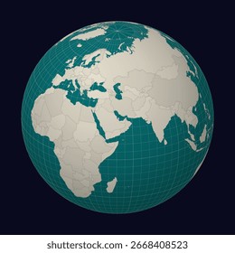 Bahréin en el mapa. Globo centrado en Bahréin. Ubicación de Country en el mapa mundial. Paleta de colores Teal Pale Mint. Globo con países, meridianos y paralelos. Ilustración vectorial viva.