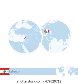 Bahrain on world globe with flag and regional map of Bahrain. Vector Illustration.