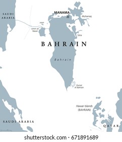 Bahrain political map with capital Manama. Kingdom in the Arabian Gulf. Island country and archipelago between Qatar and Saudi Arabia. Gray illustration on white background. English labeling. Vector.