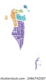 Bahrain region word cloud. Country shape design. Bahrain colored illustration. Region names collage cloud. Vector illustration.