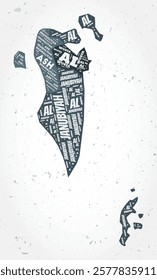 Bahrain regions word clouds. Country shape on textured background. Bahrain design in typographic style. Retro vector illustration.