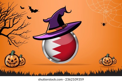 bahrain round flag with Happy Halloween banner or party invitation background. bats, spiders and pumpkins, orange background