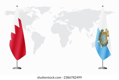 Bahrain and San Marino flags for official meeting against background of world map.