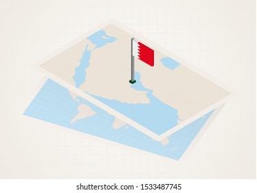 Bahrain selected on map with isometric flag of Bahrain. Vector paper map.