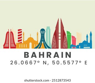 Skyline und geographische Koordinaten von Bahrain - Farbenfrohe Stadtlandschaft, Vektorgrafik