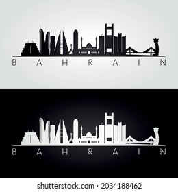 Bahrain skyline and landmarks silhouette, black and white design, vector illustration.