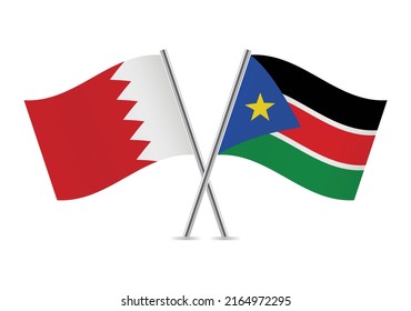 Bahrain and South Sudan crossed flags. Bahraini and South Sudanese flags on white background. Vector icon set. Vector illustration.