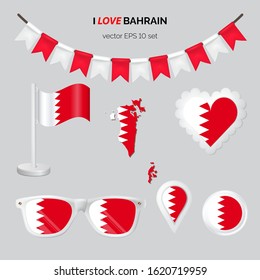 Bahrain symbols attributes. Heart, flags, glasses, buttons and garlands with civil and Bahrain state colors. Vector illustration for your graphic design.