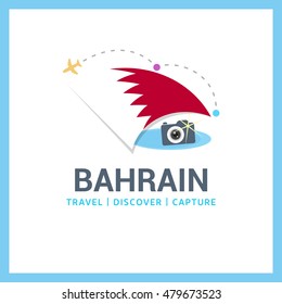 Bahrain Travel, Discover, Capture logo - Vector travel Photographer logo design - Country Flag Travel, Discover and Photographer Conceptual logotype - vector illustration