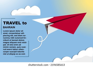 Bahrain travel vector banner with paper flag and text space, Bahrain country flag on paper plane, holiday and vacation concept, summer travel template and pattern, flight ticket idea