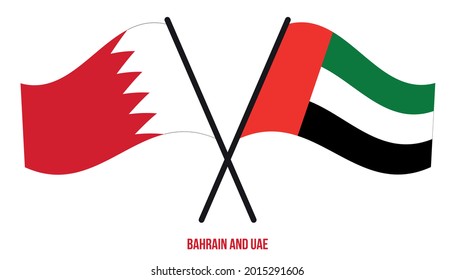 Banderas de Bahréin y Emiratos Árabes Unidos cruzan y ondean estilo plano. Proporción oficial. Colores correctos.