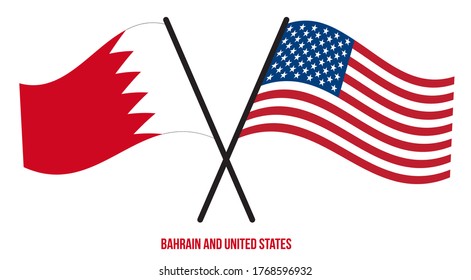 Bahrain and United States Flags Crossed And Waving Flat Style. Official Proportion. Correct Colors.