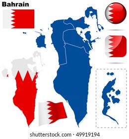 Bahrain vector set. Detailed country shape with region borders, flags and icons isolated on white background.