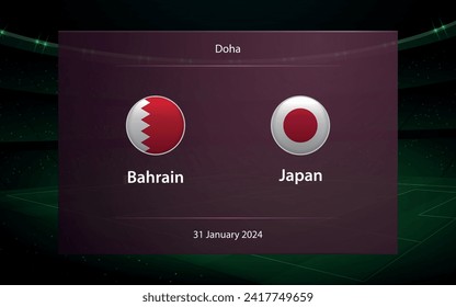 Bahrain vs Japan. knockout stage Asia 2023, Soccer scoreboard broadcast graphic template