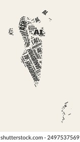 Bahrain word cloud. Country with regional divisions. Bahrain typographic text clouds vector image design in vintage gazette style.