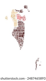 In: Bahrain Word Cloud. Country-Form mit Bereichsunterteilung. Bahrain Typografie Stil Bild. Regionsnamen kennzeichnen Wolken. Vektorillustration.
