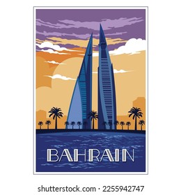 Bahrain World Trade Center Travel Vintage Poster design, perfect for t shirt design and all type merchandise