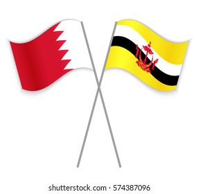 Bahraini and Bruneian crossed flags. Bahrain combined with Brunei isolated on white. Language learning, international business or travel concept.