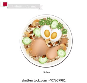 Bahraini Cuisine, Machboos or Kabsa, Basmati Rice Seasoned with Chicken and Spice. One of The Most Popular Dish in Bahrain.