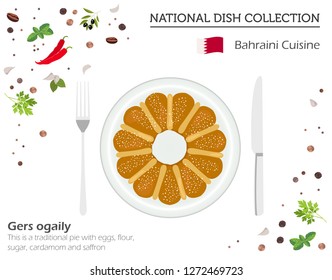 Bahraini Cuisine. Middle East national dish collection. Gers ogaily pie isolated on white, infograpic. Vector illustration
