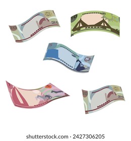 Bahraini Dinar Vector Illustration. Bahrain money set bundle banknotes. Falling, flying money 1, 5, 10, 20 BHD. Flat style. Isolated on white background. Simple minimal design.
