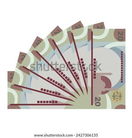 Bahraini Dinar Vector Illustration. Bahrain money set bundle banknotes. Paper money 20 BHD. Flat style. Isolated on white background. Simple minimal design.