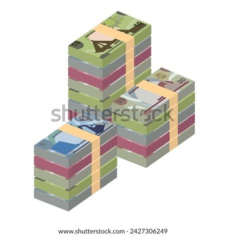 Bahraini Dinar Vector Illustration. Bahrain money set bundle banknotes. Paper money 1, 5, 10, 20 BHD. Flat style. Isolated on white background. Simple minimal design.