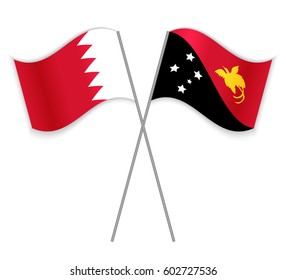 Bahraini and Papuan crossed flags. Bahrain combined with Papua New Guinea isolated on white. Language learning, international business or travel concept.