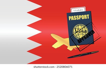 Bahraini Travel Documentation Concept with blue Passport and Bahrain Flag. Approved Stamp. Airplane and Travel Tickets. Ideal for Immigration Tourism and Traveling Themes. Vector EPS available