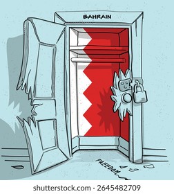 Bahrain's path to freedom. A political illustration of a broken but locked door with the national flag. A metaphor for struggle and hope.