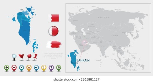 Bahrein map, flag and navigation icons. Vector illustration set