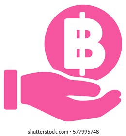 Baht Coin Payment Hand vector pictograph. Illustration style is a flat iconic pink symbol on white background.