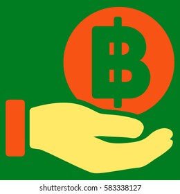 Baht Coin Payment Hand vector pictograph. Illustration style is a flat iconic bicolor orange and yellow symbol on green background.