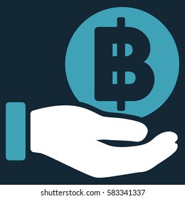 Baht Coin Payment Hand vector icon. Illustration style is a flat iconic bicolor blue and white symbol on dark blue background.