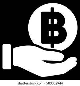 Baht Coin Payment Hand vector pictograph. Illustration style is a flat iconic white symbol on black background.
