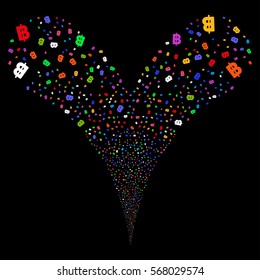Baht fireworks stream. Vector illustration style is flat bright multicolored iconic symbols on a black background. Object double fountain constructed from random pictographs.